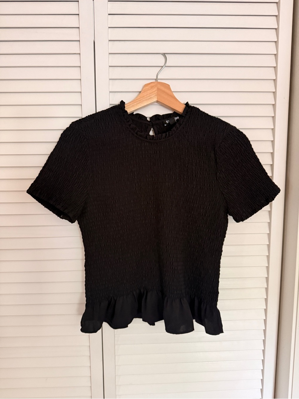 Express Black Smocked Ruffle-Hem Short Sleeve Top